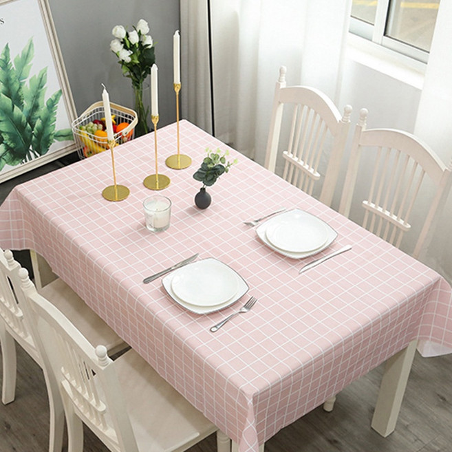 防水防油桌布 印花餐桌布 桌巾 長桌巾 餐墊 桌墊 防塵蓋巾 PVC 小清新, 1個, 粉色格子,137x180cm