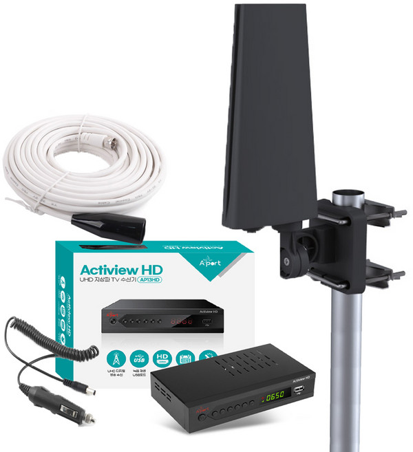 UHD 지상파 TV 안테나 셋톱박스 수신기세트 1.5~10M 케이블 포함 차량용 가정용 캠핑용 농막용, AP13HD03C(가변형 블랙), 1개