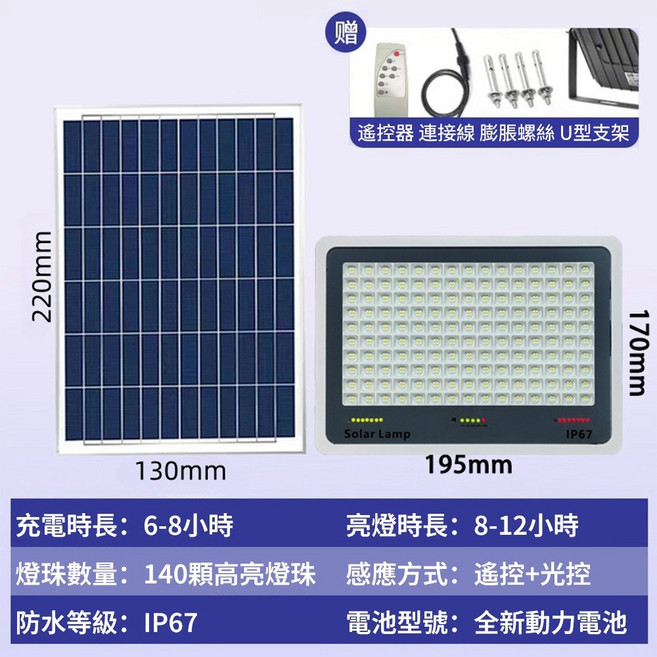 鼎峰 太陽能燈 戶外庭院投光燈 防水免插電, 高亮款300W+照30平+【140燈珠】, 高亮款300W, 140燈珠