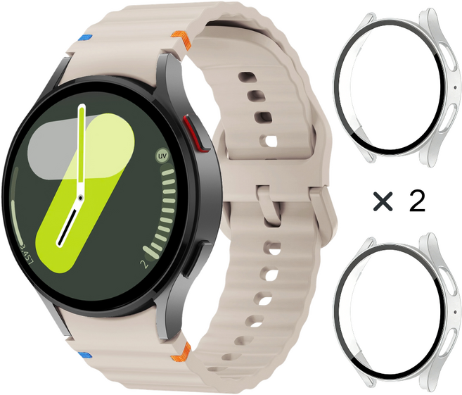 데일리피 갤럭시워치 호환 실리콘 컬러풀한 스티치 스트랩 8/7/6/6클래식/5/5프로/4/4클래식+PC 케이스 2개, 스타라이트/실버