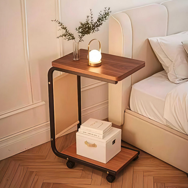 BIKASU 2단 이동식 사이드테이블 협탁 침실 거실 트롤리 미니 협탁 침대 소파, 헤이즐넛