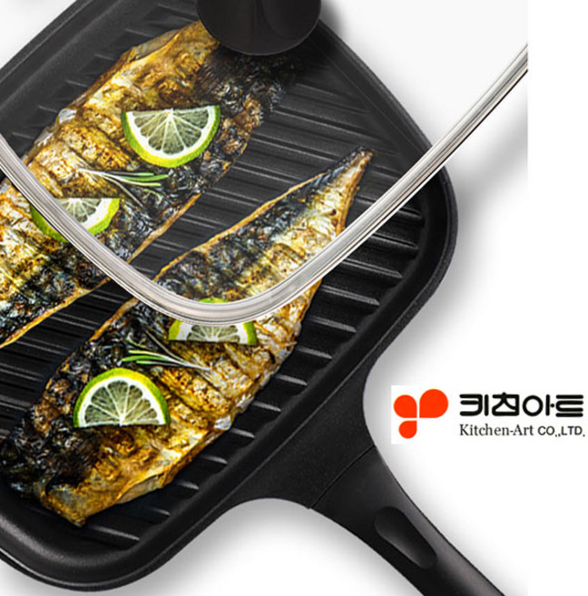 키친아트 다용도 멀티 그릴팬+유리뚜껑 스테이크팬 생선구이팬 삼겹살구이팬 그릴팬 캠핑 그리들, 1개, 키친아트 멀티그릴+유리뚜겅