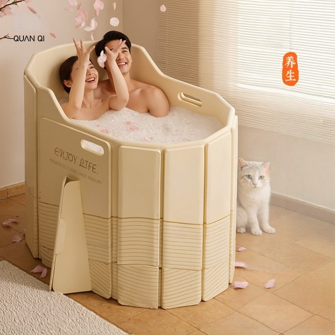 SINNO 원터치 접이식 대형 반신욕조 보온 보냉 성인 욕조 얼음물 목욕 이동식 욕조, 베이지, 1개