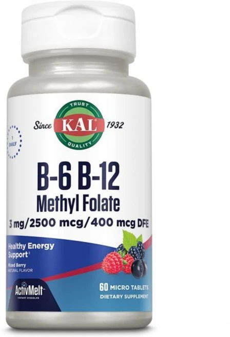 칼 비타민B6 B12 메틸 폴레이트 액티브멜트 비타민B 건강 에너지 적혈구 지원 DFE 폴산 함유 자연 베리 맛 60회분 60 마이크로 정제 KAL, 60 마이크로 태블릿 - 쿠팡