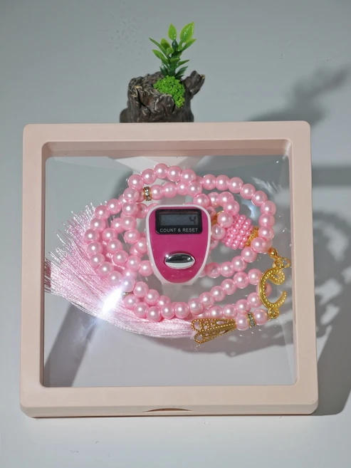 4가지 색상 디지털 리셋 카운터 링 & 팔찌 세트 (무슬림 기도 타스비 피트니스 운동량 측정 어른템 계수 도, 핑크