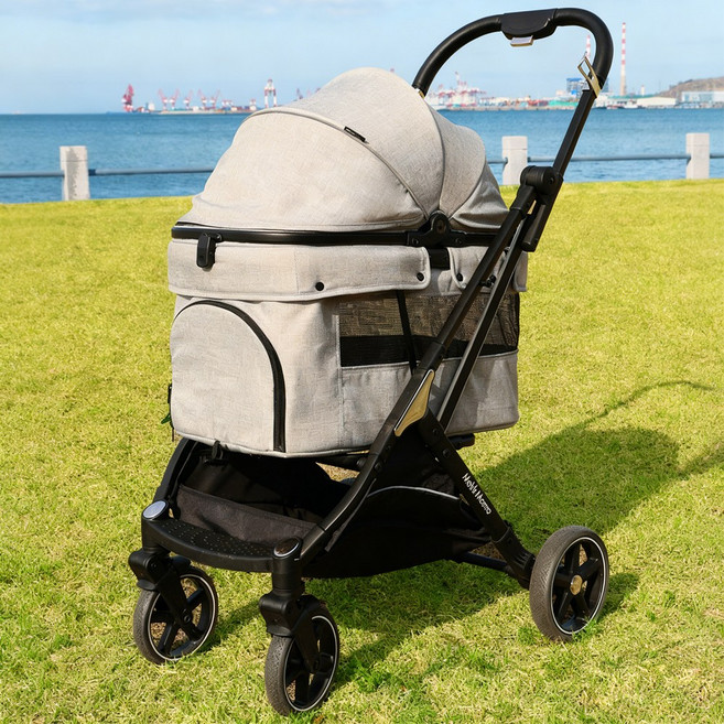 MekkMomo 강아지 유모차 접이식 대형 견 휴대용 개모차 25kg까지 4륜 충격흡 수 방수통풍, 회색, 1개
