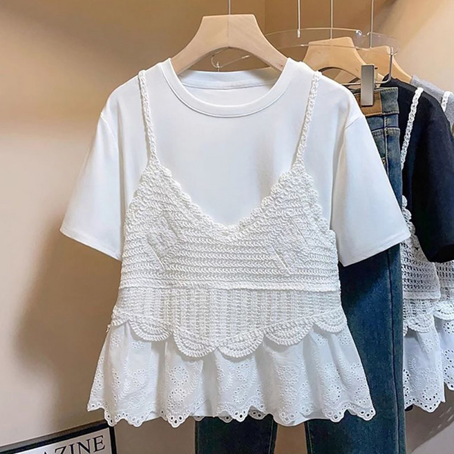 ROYALBELLE 여성 레이스 레이어드 디자인 러블리 프릴 밑단 캐주얼 데일리 패션 반팔 티셔츠 E01030918