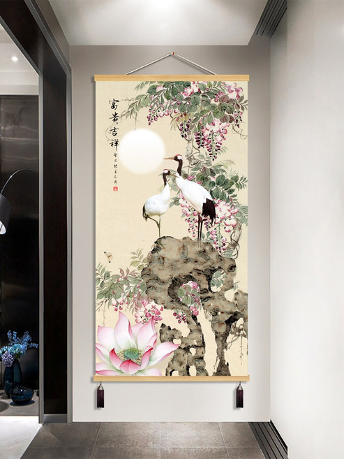 학그림 새 연꽃 꽃 돈들어오는 풍경화 동양화 풍수, 독립, 가화