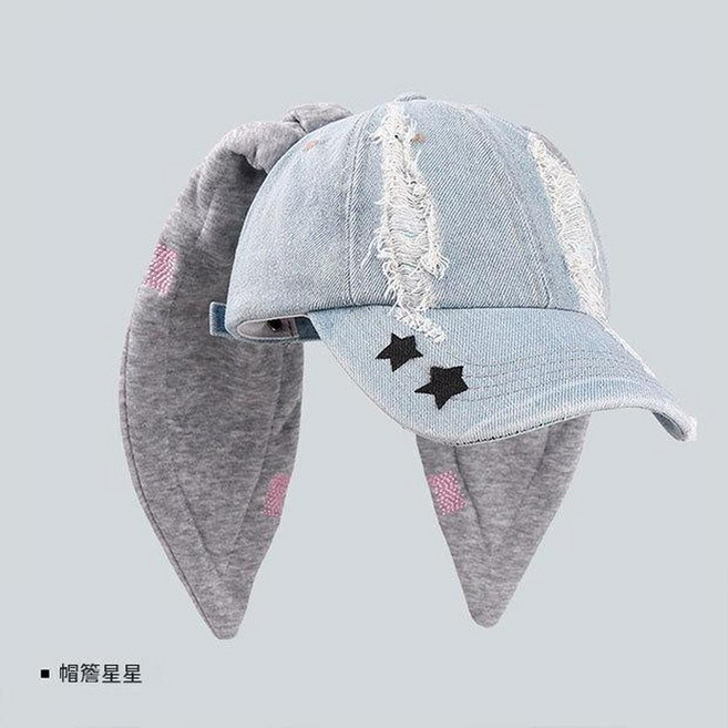兔耳朵牛仔破洞鴨舌帽 女款甜酷水洗Y2K嘻哈棒球帽