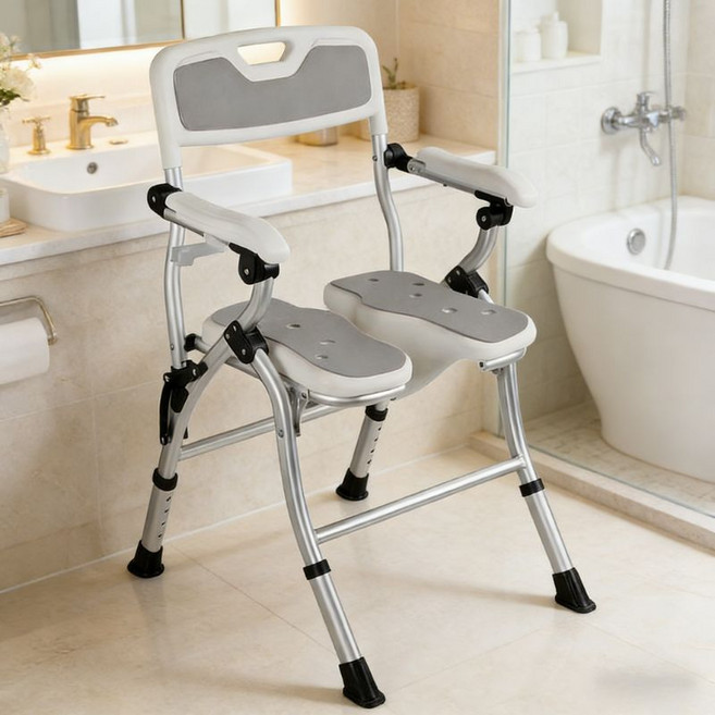 노인 목욕의자 임산부 안전 샤워스툴 3D 오목판 대형 사이즈 접이식 높은 등받이 높이조절가능, 그레이