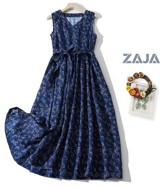 ZAJA 여름 여성 플라워 롱 원피스 브이넥 민소매 린넨 바캉스룩