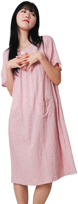 폭스 코튼 엠보 레이스 반팔 원피스 잠옷 E6 여성용