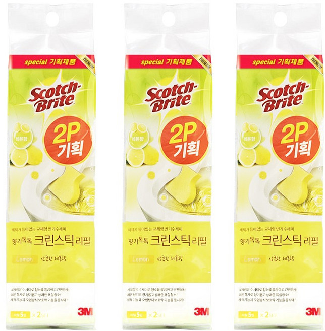 3M 스카치브라이트 크린스틱 향기톡톡 레몬향 리필 변기용수세미, 혼합 색상, 30개
