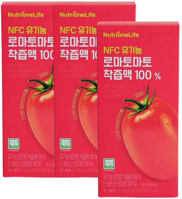 뉴트리원 NFC 유기농 로마 토마토 착즙액 100% 생토마토즙 프리미엄 토마토즙, 14회분, 3박스