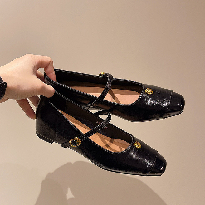 瑪麗珍方頭單鞋，淺口一字扣平底女鞋， PU材質，防滑耐磨鞋底，35-39碼, 黑色,36