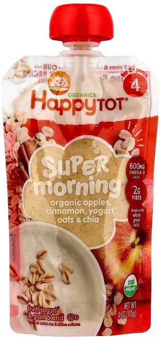 Happy Family Organics Happytot 슈퍼 모닝 4단계 유기농 사과 시나몬 요거트 및 귀리 + 슈퍼치아 113g(4oz) Organics (해피 - 쿠팡