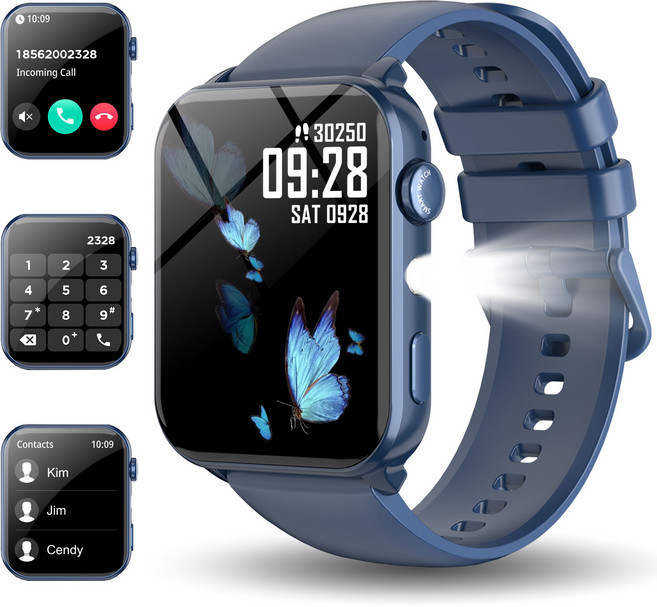 IOWODO R30MAX 스마트워치 1.91인치 HD 곡면 디스플레이 메시지 알림 수면 추적 100가지 이상 운동 모드 LED 손전등 IP68 방수 통화가능 스마트워치, 파란색, 3.7cm, 블루투스