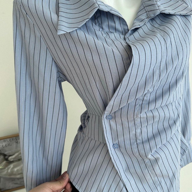 유니온 여성 언밸런스한 숏탑 허리끈 스타일리쉬 셔츠 블라우스