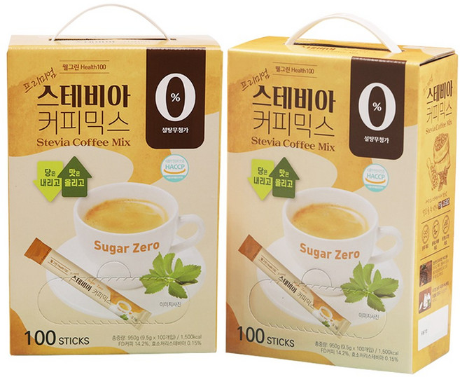 웰그린 프리미엄 스테비아 커피믹스, 9.5g, 100개입, 2박스