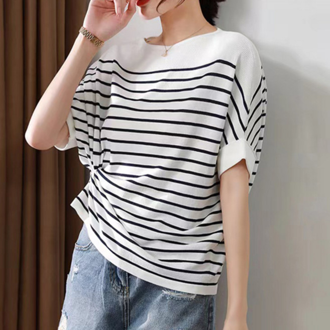 루비루 RB3057 레글런핏 보트넥 배색 단가라 반팔 니트