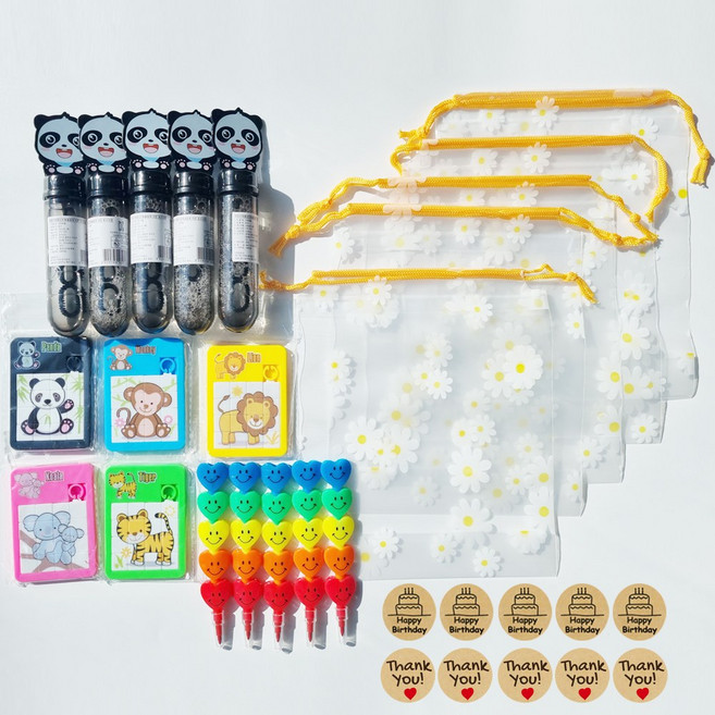 판다 비눗방울 미니퍼즐 색연필 투명파우치 스티커 어린이집 유치원 생일선물 답례품 5개 1세트, 1개