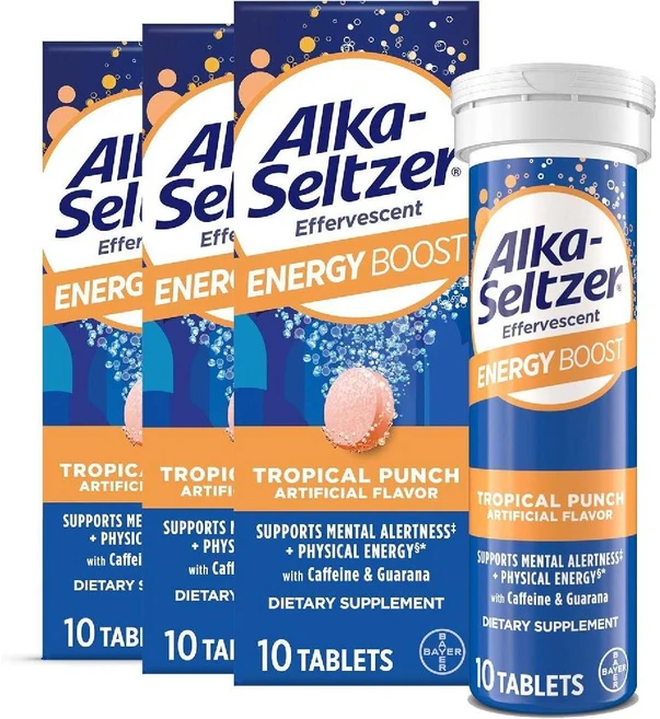 Alka-Seltzer 에너지 부스트 카페인 과라나 비타민 B군라이트 트로피컬 펀치 맛 30ct, 1개, 30정 - 쿠팡