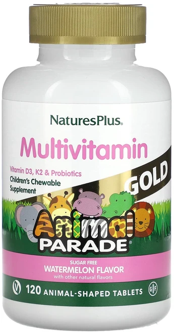 NaturesPlus Source of Life Animal Parade 골드 어린이용 츄어블 종합비타민 & 미네랄 보충제 천연 수박맛 동물 모양 정제 120정, NaturesPlus Source of Life ..., 1개 - 쿠팡
