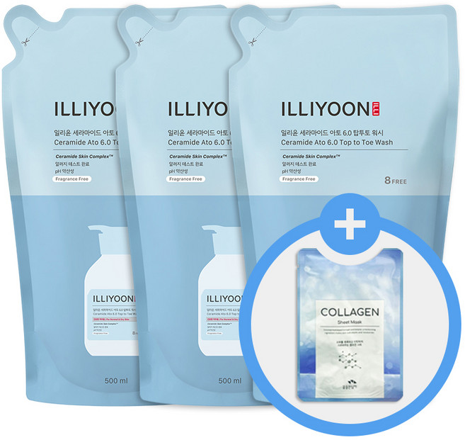 일리윤 세라마이드 아토 6.0 탑투토 워시 리필 500ml x3개 + 사은 마스크팩 x5개, 3개, 500g