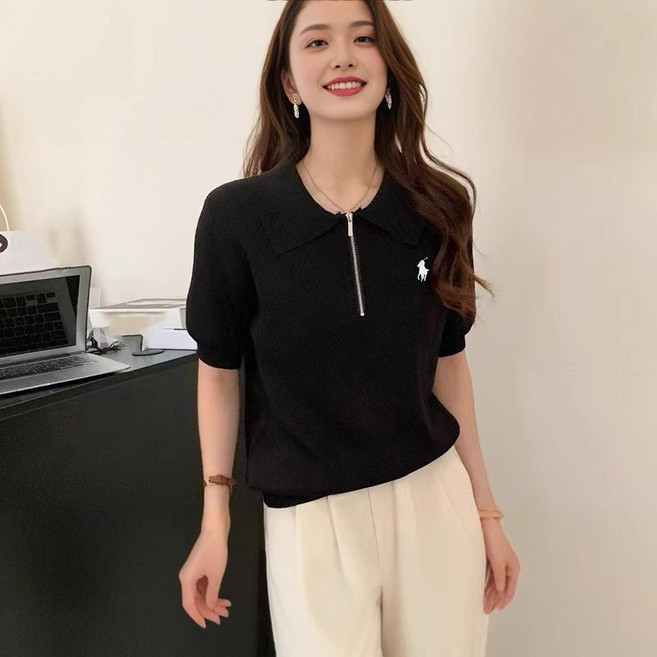 韓版翻領短袖針織上衣女夏季薄款繡花時尚百搭