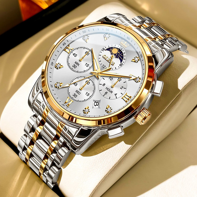 OLEVS 남자손목시계 정품 쿼츠 패션 큐빅 명품 다기능 워터프루프 야광 메탈 남성시계