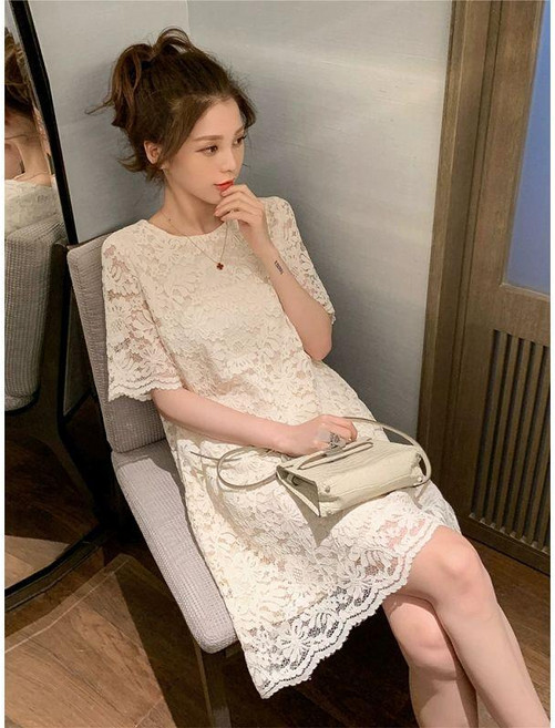 夏季新款寬鬆中長款氣質a字蕾絲連衣裙女, 杏色,M 建議60.0公斤內, 杏色