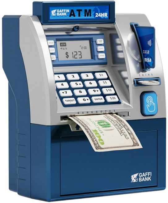 ATM 저금통 LCD 화면 미니 금고 - 자동 지폐 투입 동전 인식 입출금 기록 비밀번호 PIN 입력 알람 시계 칭찬 금고 대형 저금통, 1개, 블루