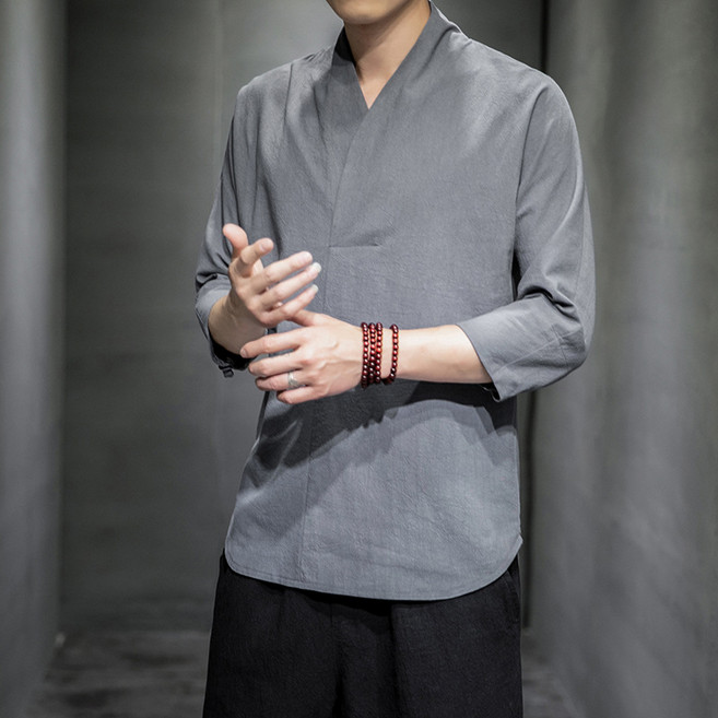 POMTOR 남성 개량 한복 여름 남자 상의 생활 계량 저고리 세트 삼베옷 자수 승복 봄