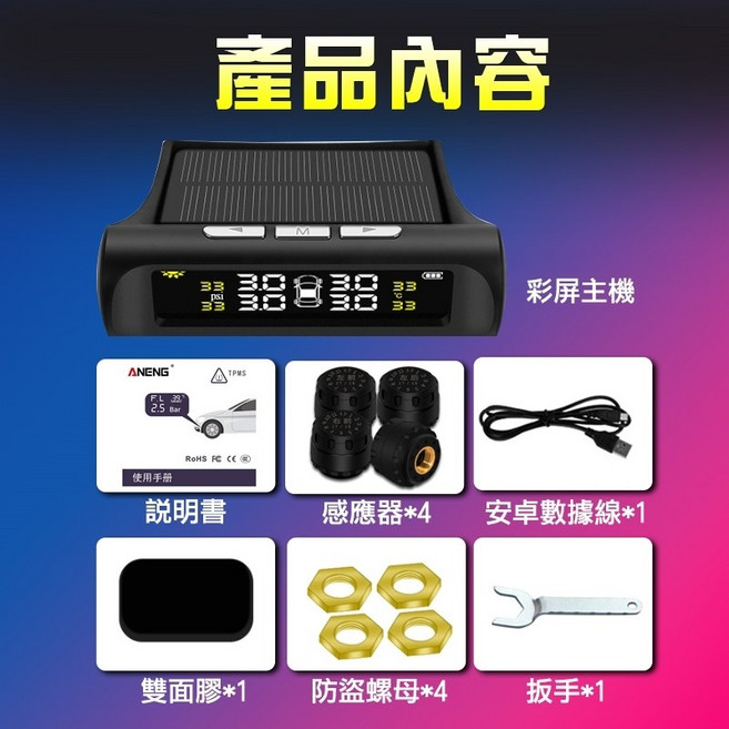 ANENG 太陽能無線胎壓偵測器 中文語音警示 頂規版, 1個, 第六代TYPEC蜂鳴警報 +傳感器電