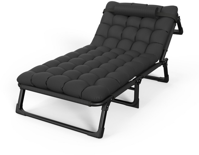 多功能附頭枕 免安裝午睡躺椅, 加寬75cm方管三折床黑色加棉墊四檔