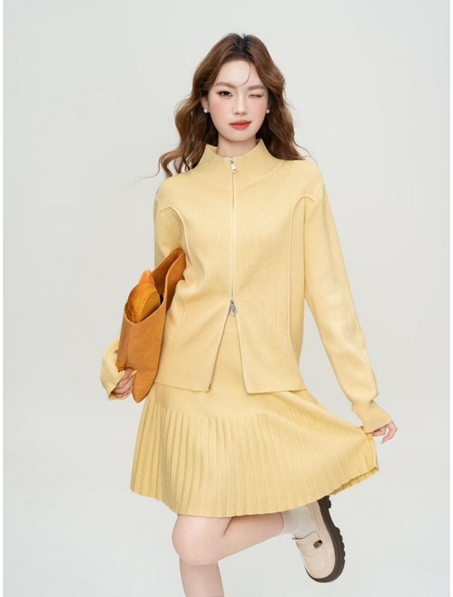 봄 가을 여성 니트 세트 캐주얼 터틀넥 니트 가디건 + 하이웨이스트 플리츠 스커트 상하의 투피스 기질 스트라이프 니트 투피스 세트 CY