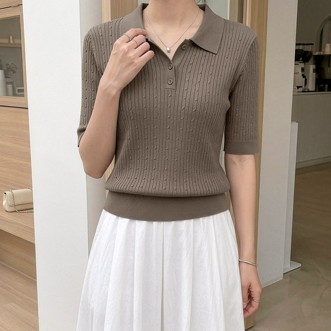 데일리앤 드먼 여성 골지 꽈배기 카라 5부 반팔 니트 티셔츠 봄 여름 가을