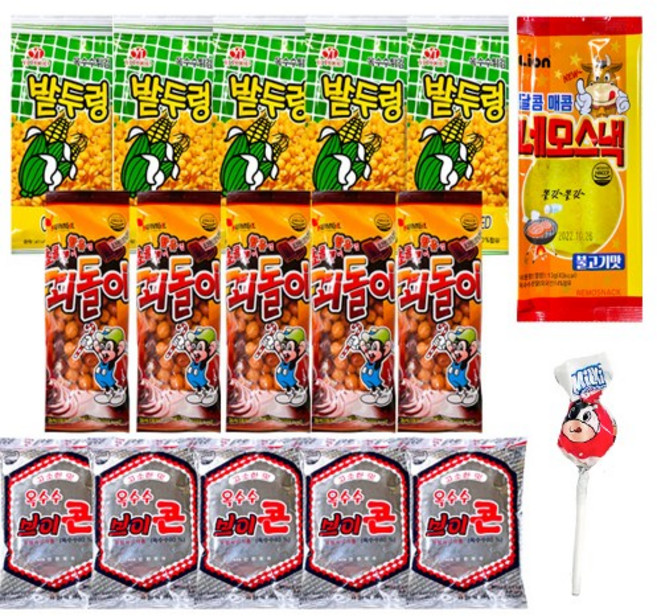 옛날 과자 세트 꾀돌이 5개+옥수수 브이콘 5개+밭두렁 5개+네모스낵 불고기맛 1개+밀키타 밀크 롤리팝 1개, 1세트, 722g