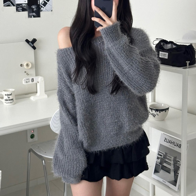 [여리핏_털빠짐X] 르위 여성 앙고라 세미 크롭 니트 가디건 루즈핏 여리여리 긴팔 티셔츠