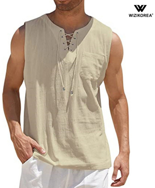 남자 레이스업 린넨 민소매 티셔츠 여름 빈티지 루즈핏 나시 WI061T