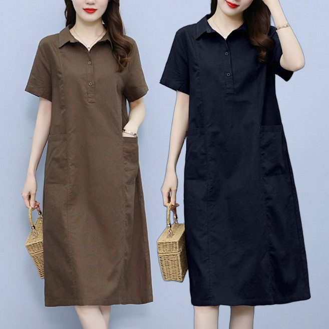 50대원피스 여름 루즈핏 카라 반팔 면 마 원피스 포켓 베이직 시원한 린넨원피스 편안한 치마