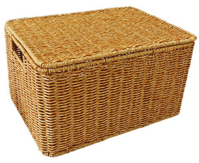 달빛마켓 내츄럴 볼튼 사각 미니 손잡이 뚜껑 라탄바구니 바스켓, 베이지, 1개