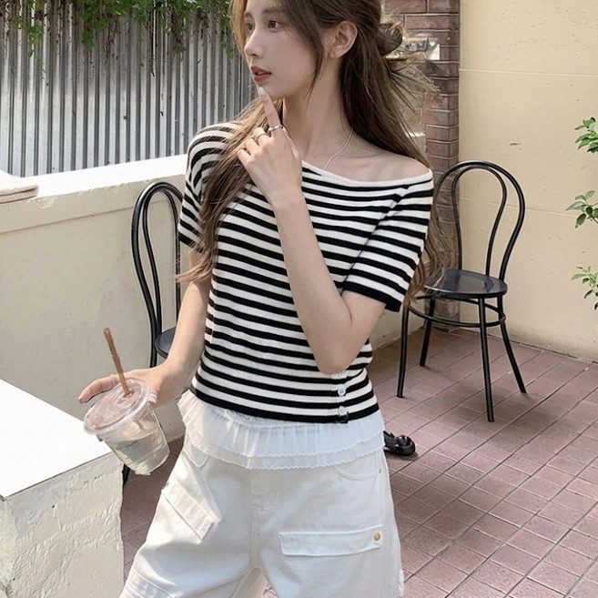 원숄더 반팔 여성 어깨트임 버튼 니트 티셔츠 오프숄더 반팔티