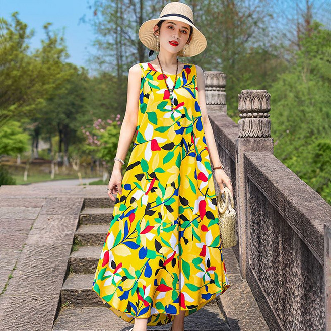 중년 여성 민소매 원피스 봄 여름 엄마 패션 루즈핏 인견 나시 원피스 심플 비치 바캉스룩 롱 치마 빅사이즈 WMY