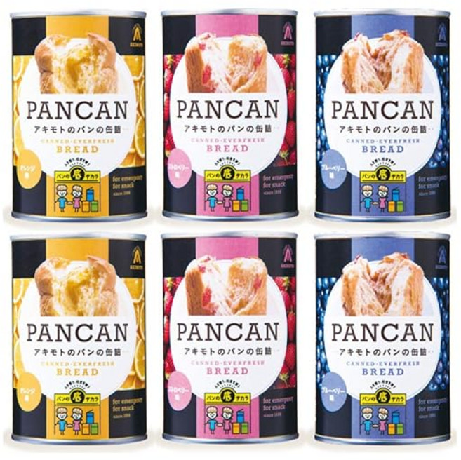 빵아키모토 PANCAN 빵의 통조림 6캔 세트(블루베리오렌지스트로베리×각 2캔), One Color, 1개