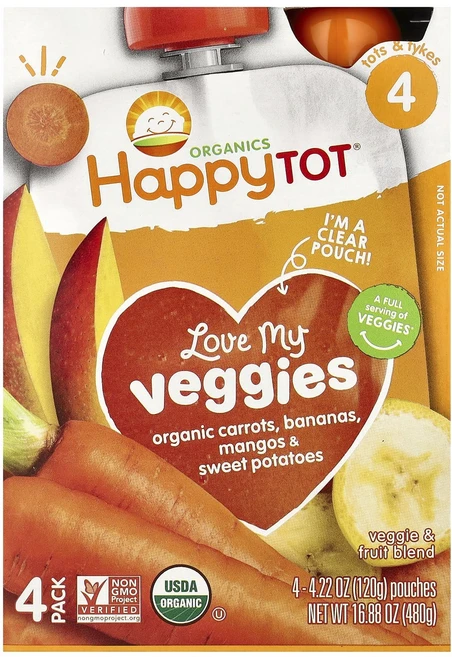 Happy Family Organics Happy Tot 러브 마이 베지스 당근 바나나 망고 및 고구마 파우치 4개 - 각 120g(4.22oz), HappyFamilyOrganicsHappyTot러브마 - 쿠팡
