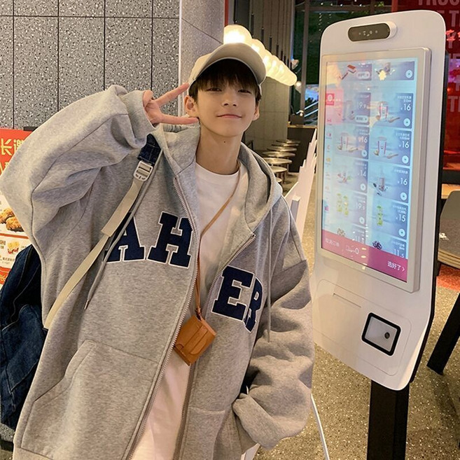 봄 가을 남성 긴팔 후드 집업 캐주얼 가디건 상의 루즈핏 긴팔티 패션 남여공용 레터링 후드 집업 맨투맨 코트 LPC