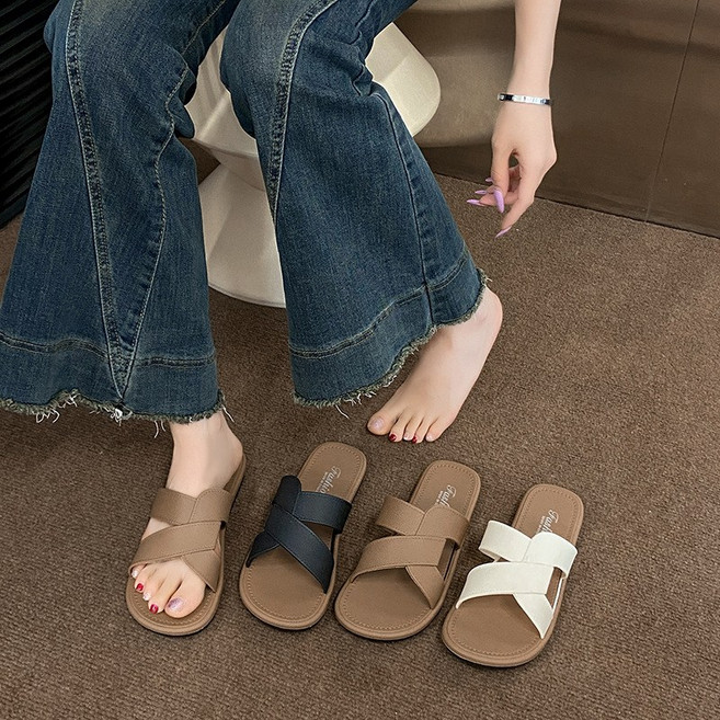 슬로브 여성 여름 플랫 샌들 꼬임 슬리퍼