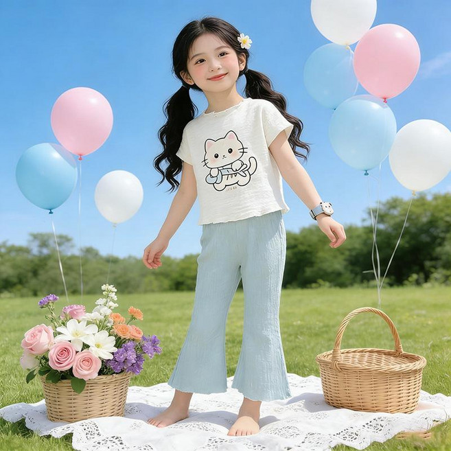 韓國童裝 夏季女童 短袖上衣 喇叭褲 套裝