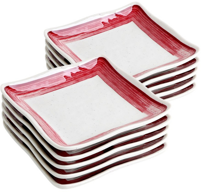 키친왕 업소용 멜라민 비홍 정사각접시, 레드+아이보리, 10개